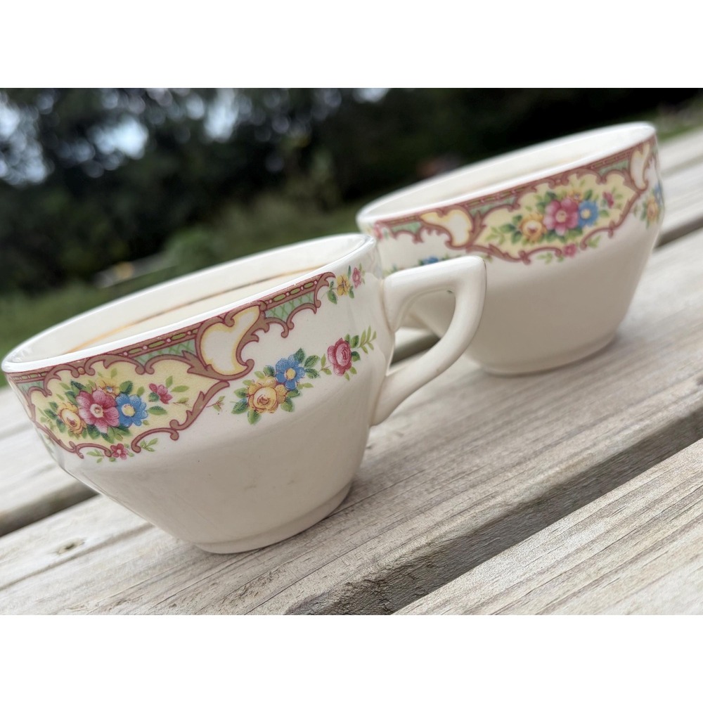 Mount Clemens Pottery Mildred Teacups 2 Flat Floral Scroll USA Cottagecore